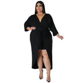 Plus Size Women Clothes Sexy Sheath Mid-Length Sleeve V-neck Lace-up Sheath Dress